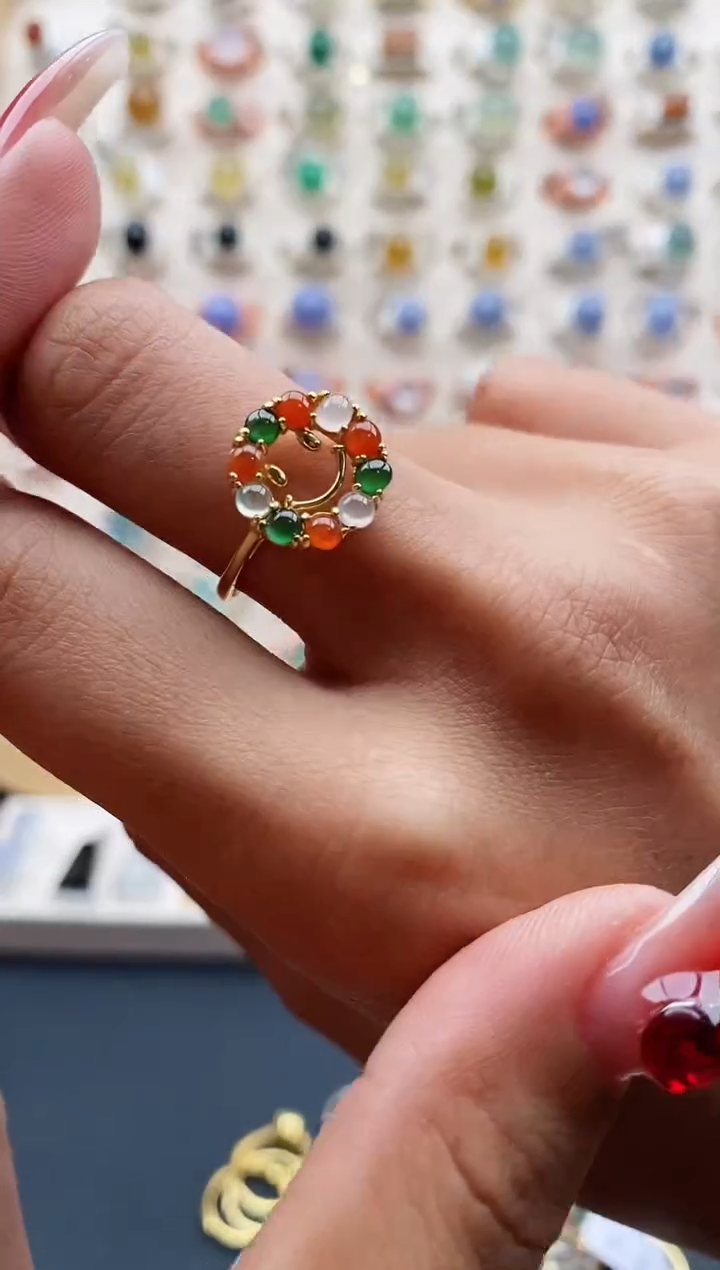 【闪购商品】翡翠戒指银S925镶嵌缅甸天然A货翡翠222 2+3