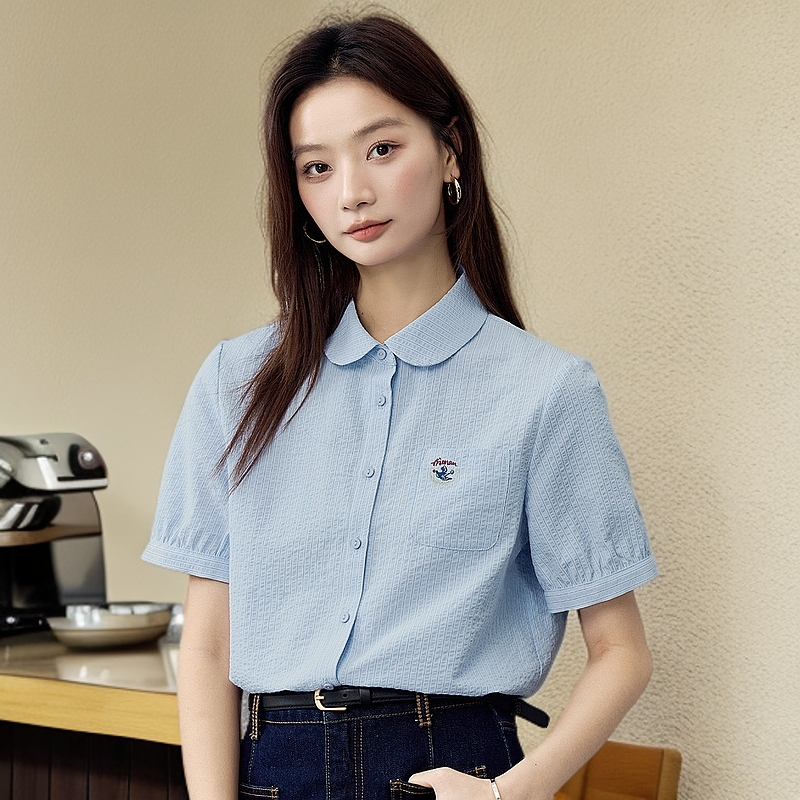 【欧若智性风】茵曼夏季文艺绣花娃娃领条纹衬衫女百搭舒适短袖衬衣