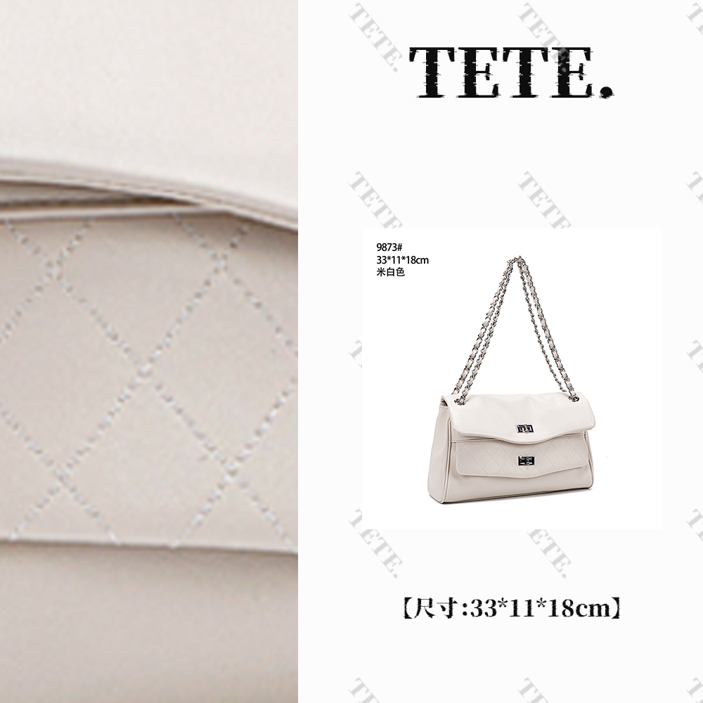 【特特甄选】QYX-9873-米白色链条单肩包牛皮包绣线小香风轻奢女包