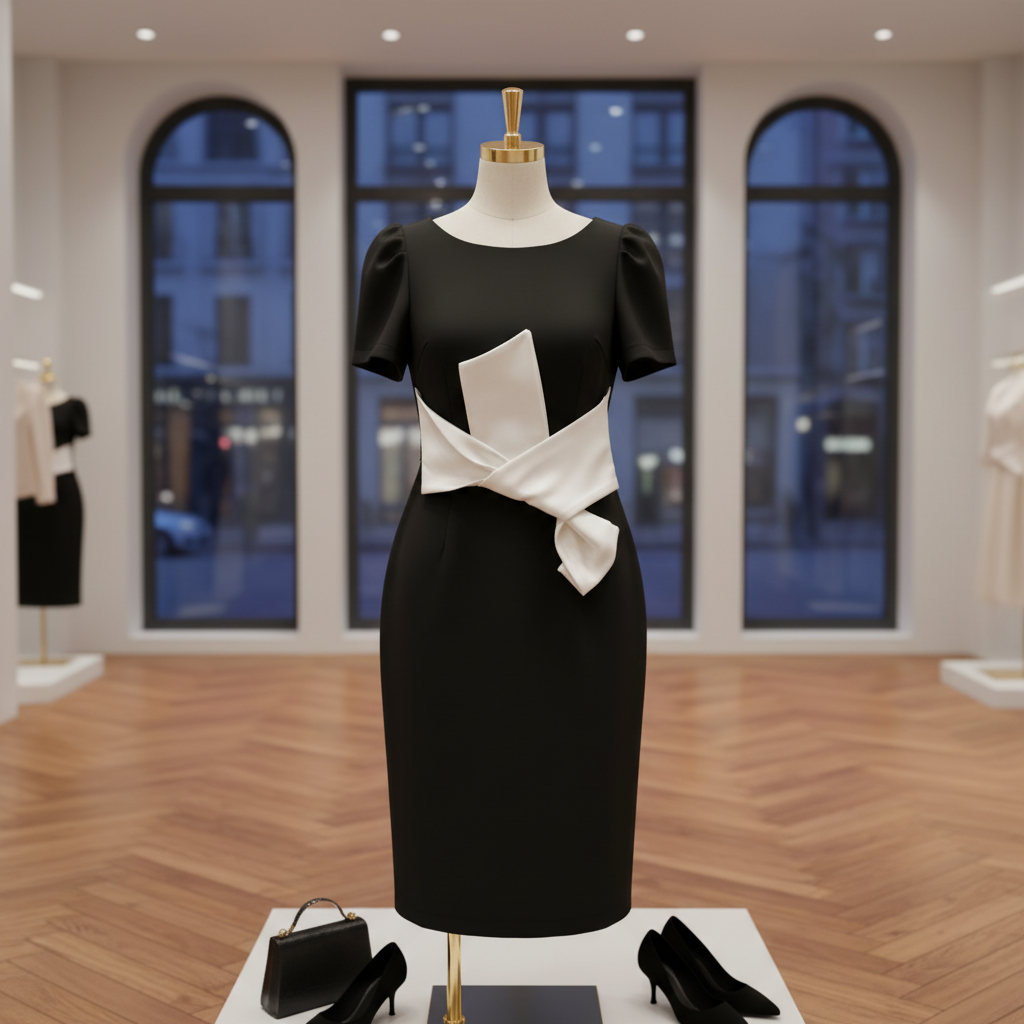 气质撞色夏季拼接显瘦蝴蝶结中腰泡泡袖轻奢连衣裙 016