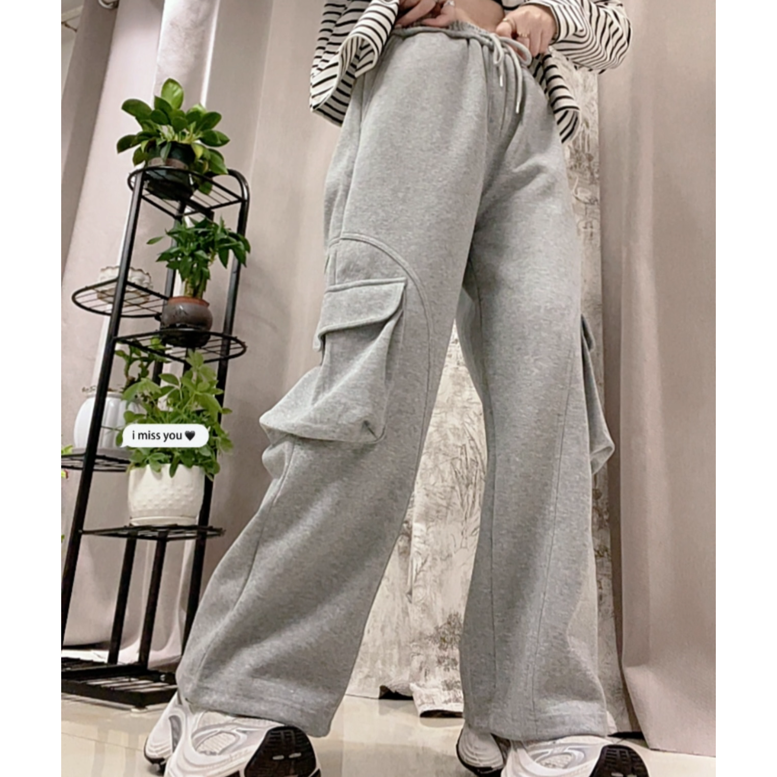 韩版松紧腰阔腿两穿束脚休闲裤女百搭测口袋宽松大口袋显瘦卫裤