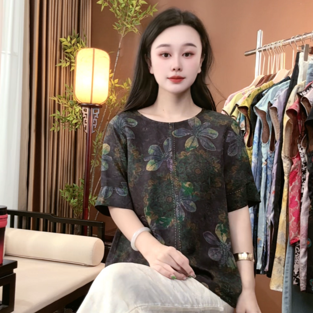 夏季新中式桑蚕丝盘扣短袖时尚提花中国风百搭上衣女S061