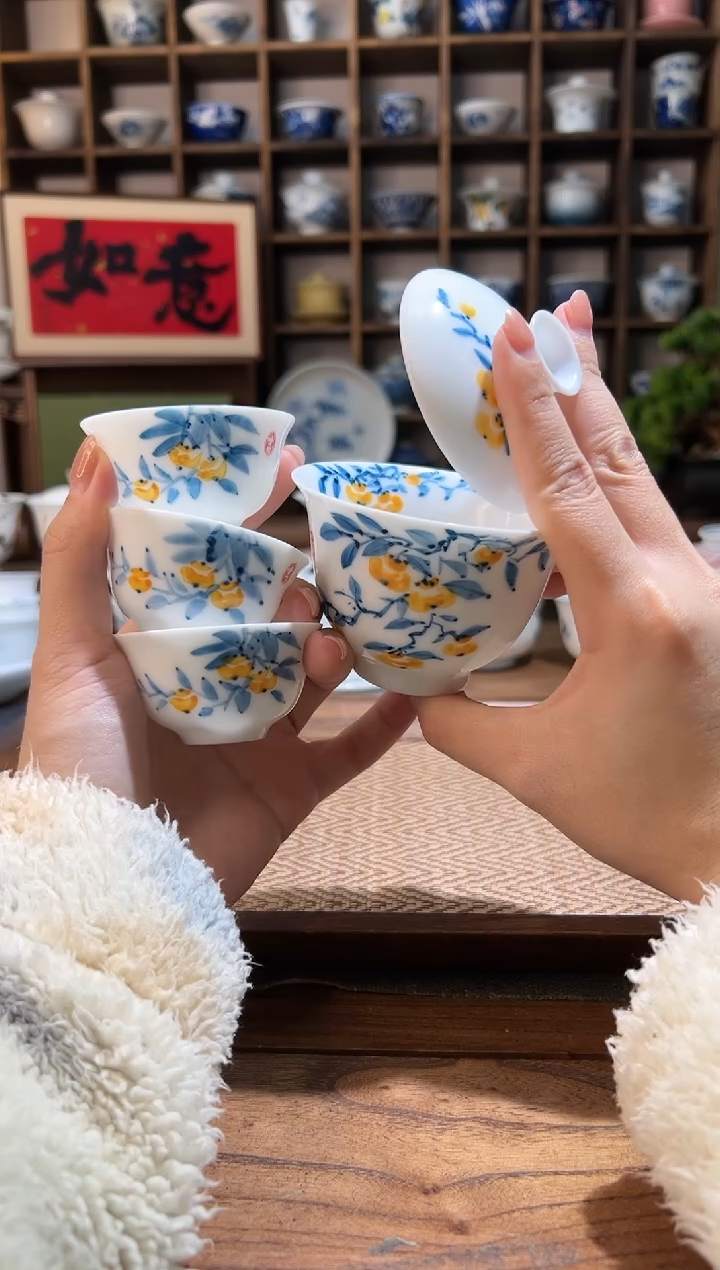 【闪购商品】手绘柿子二才盖碗+送3个客杯