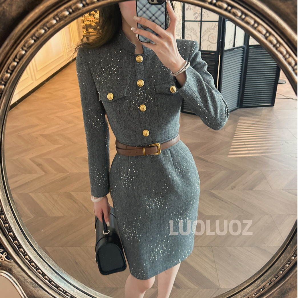 【现货】LUOLUOZ【曼岛咖啡】重工立领收腰女神范中长款连衣裙JF972