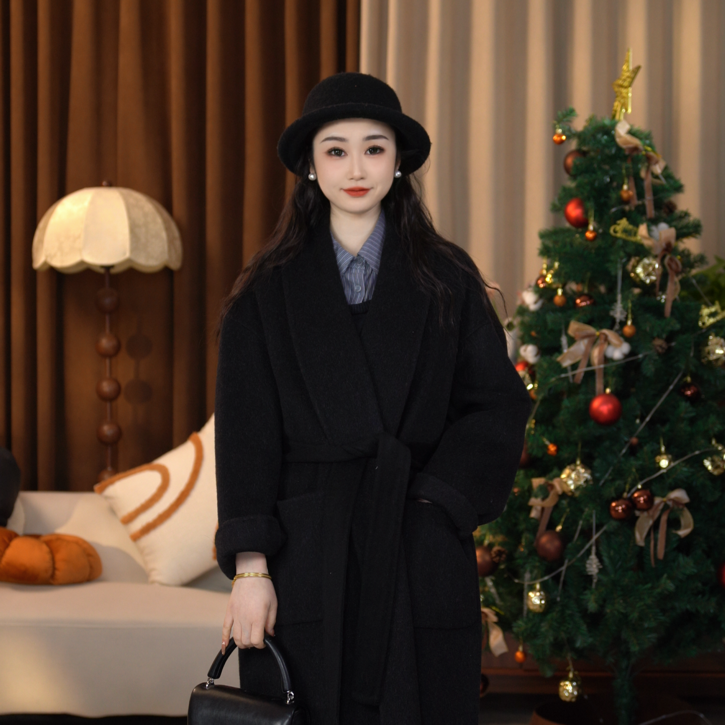 秋冬新款高端定制时尚百搭休闲羊驼毛腰带长款双面羊毛大衣