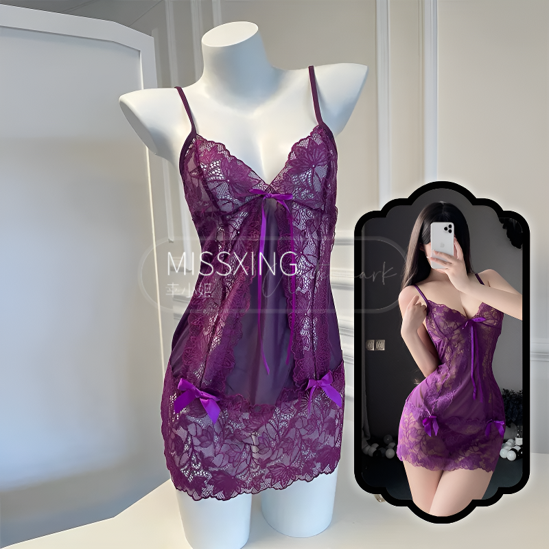 MISSXING 蕾丝吊带蝴蝶结绑带镂空睡衣女性感薄透制服诱惑套装