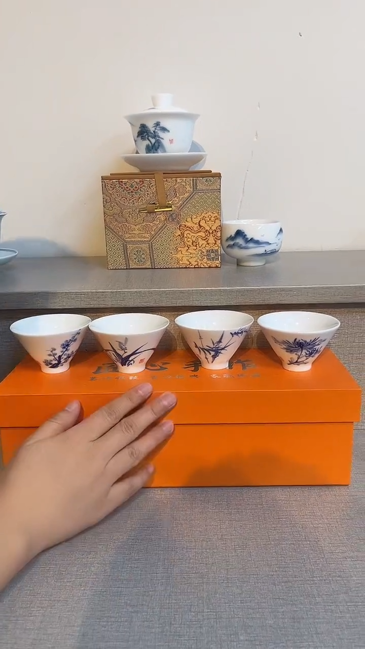 景德镇高温瓷梅兰竹菊手绘斗笠