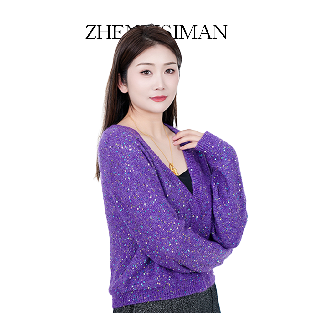 ZHENTISIMAN意大利水晶纱桑蚕丝马海毛重工珠片针织开衫CA5011
