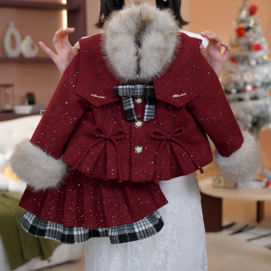 【圣诞】女童秋冬长袖裙子加绒加厚英伦女孩呢子小香风套装DS20077