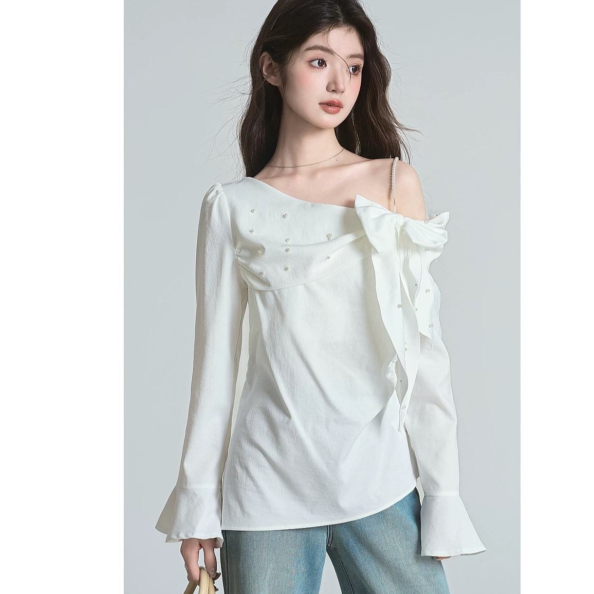 M-miao家斜肩针织蝴蝶结上衣