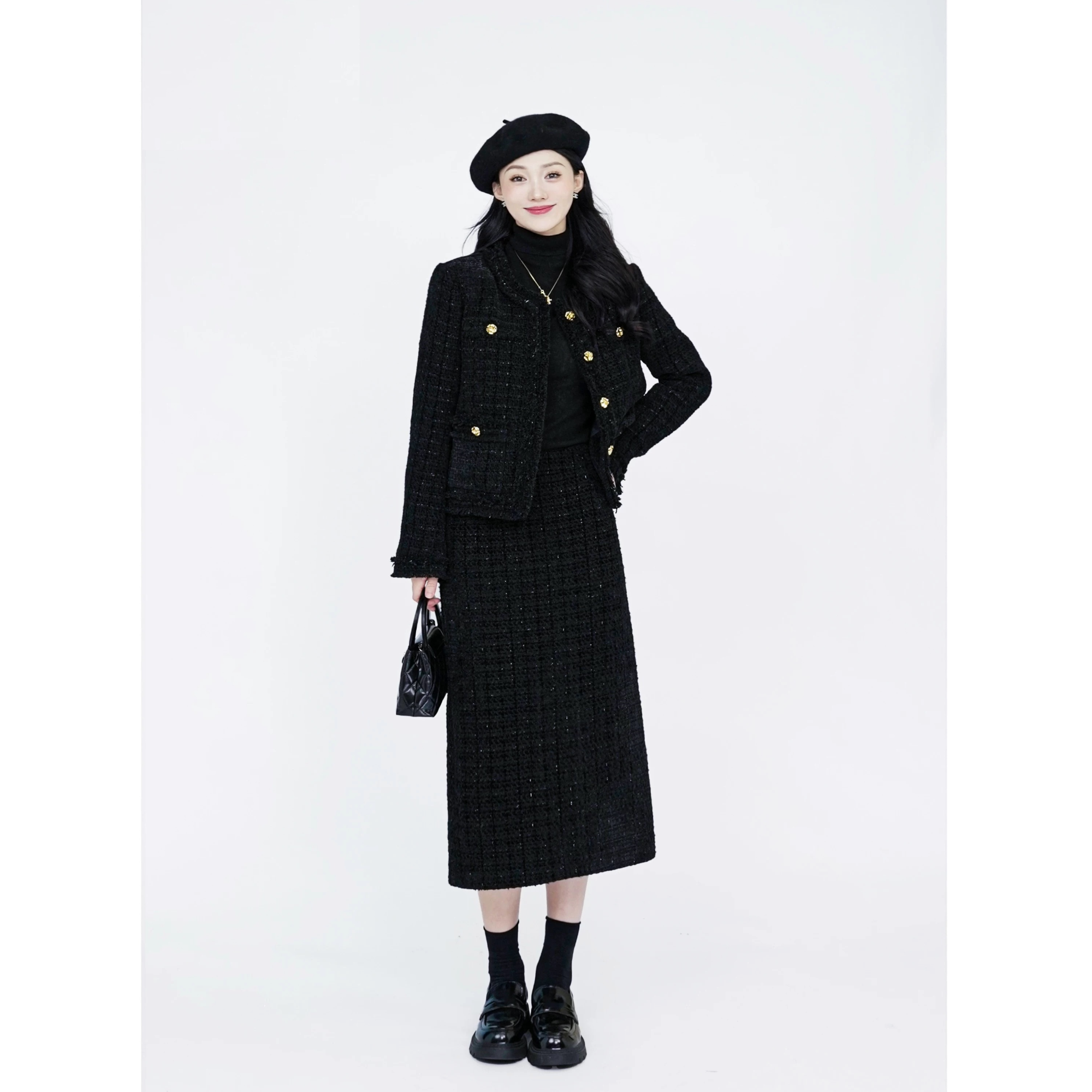 大码小香风黑色设计感小众套装女气质外套半身裙两件套A810259