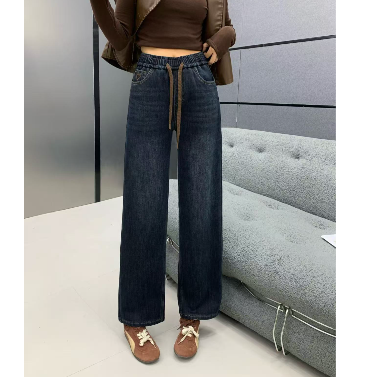 6863加绒松紧腰休闲牛仔裤窄版直筒裤显瘦显百搭复古色