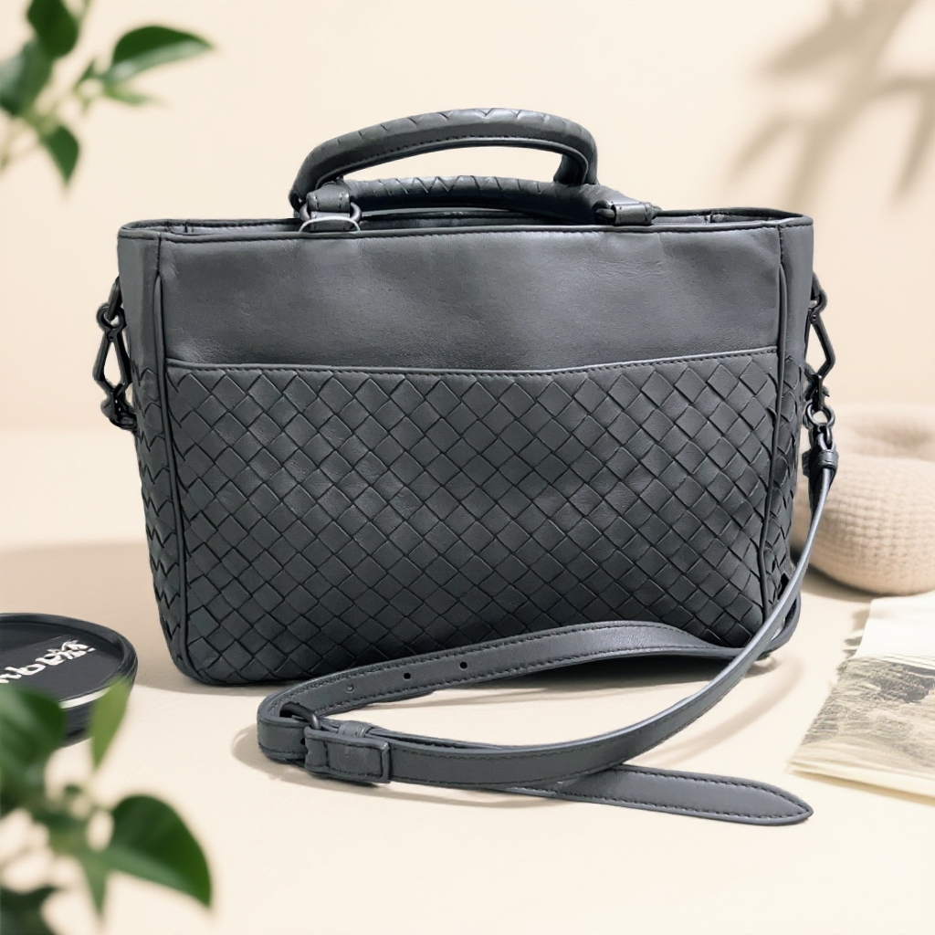 95新 BOTTEGA VENETA/葆蝶家 深灰色编织手提单肩包 1781 0496
