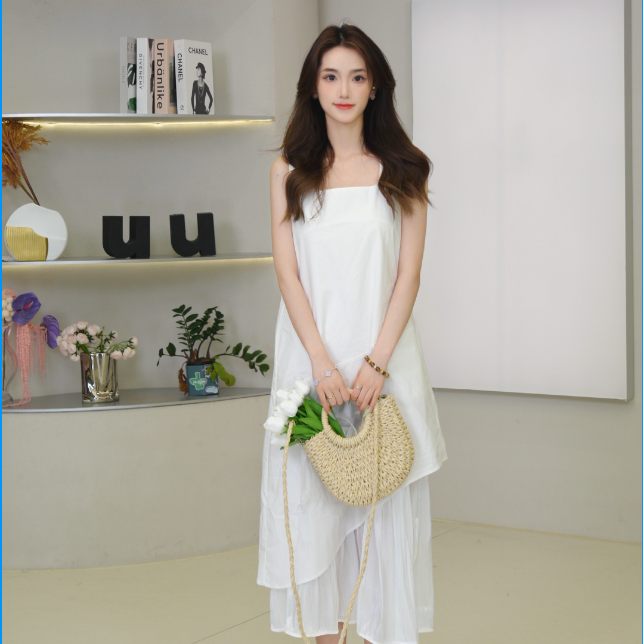 法式高级感不规则下摆拼接显瘦方领背心连衣裙TSL002