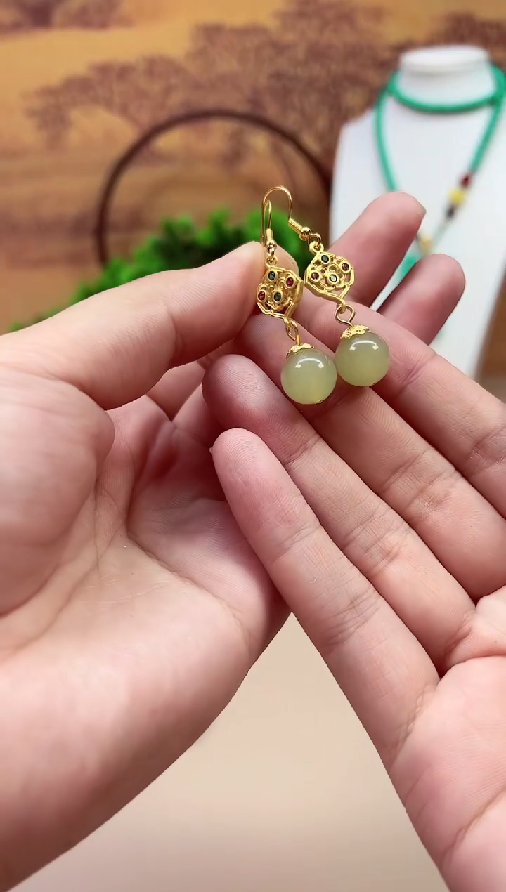 和田玉14K金镶嵌耳饰E24