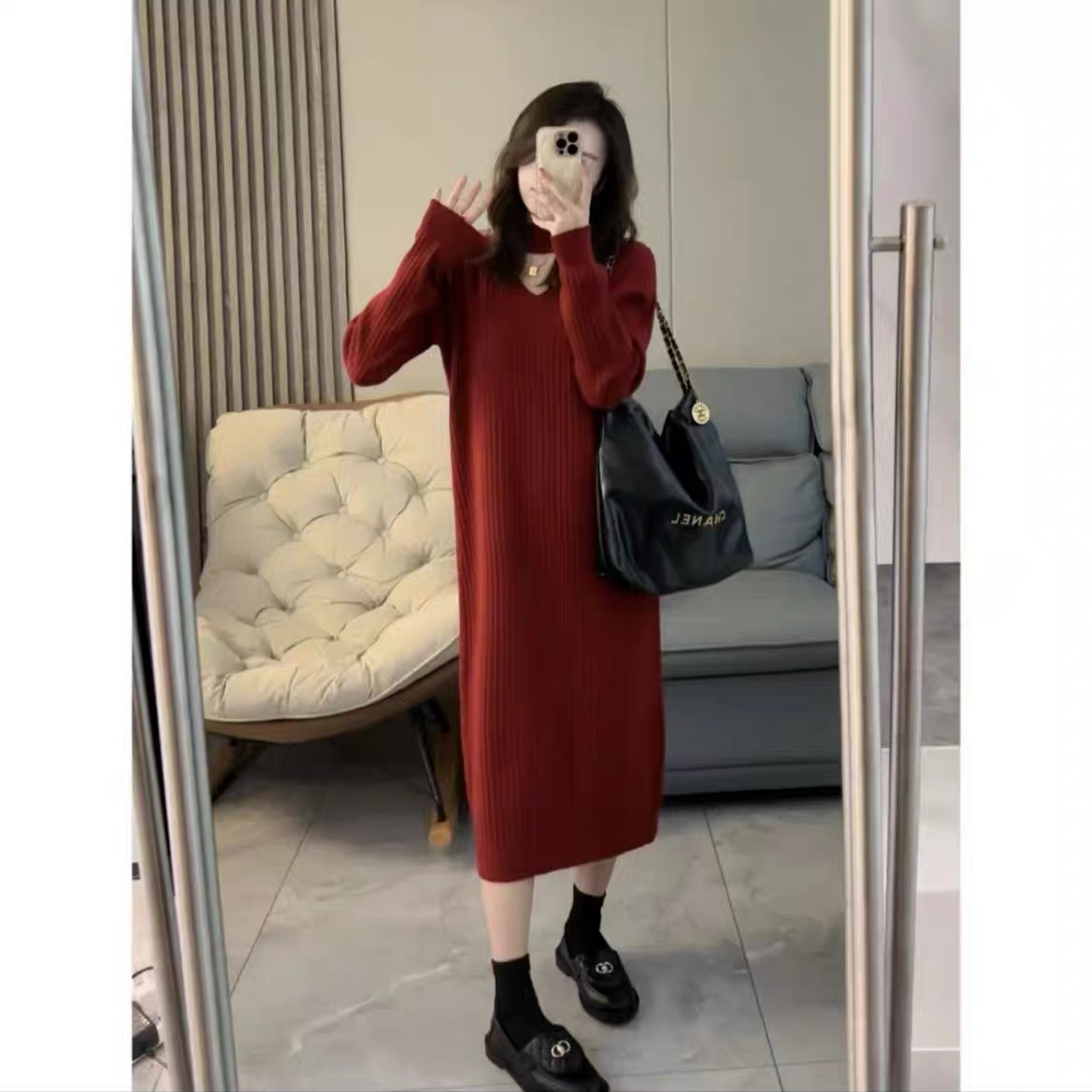 【玲胖胖 初次心动】秋冬款V领针织长袖宽松显瘦连衣裙女LPP6373