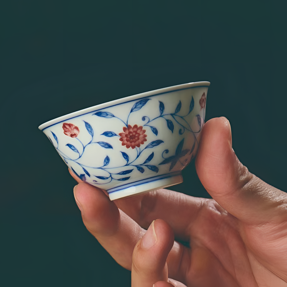 青花缠枝莲釉里红主人杯薄胎茶具茶杯景德镇陶瓷手工胎