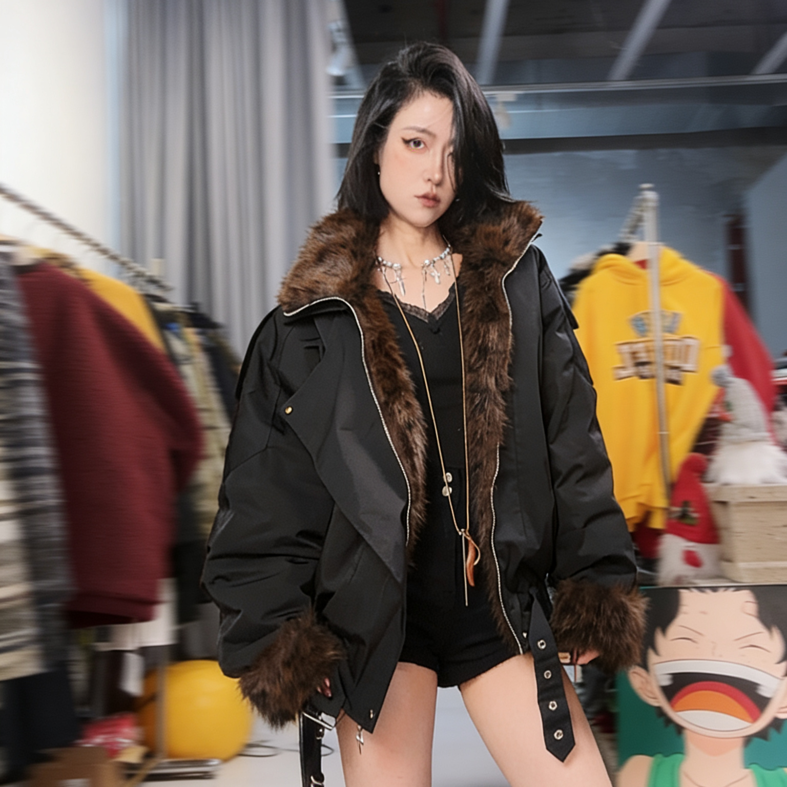 奇奇家 粉丝福利 羽绒内胆 豹纹毛领保暖大外套