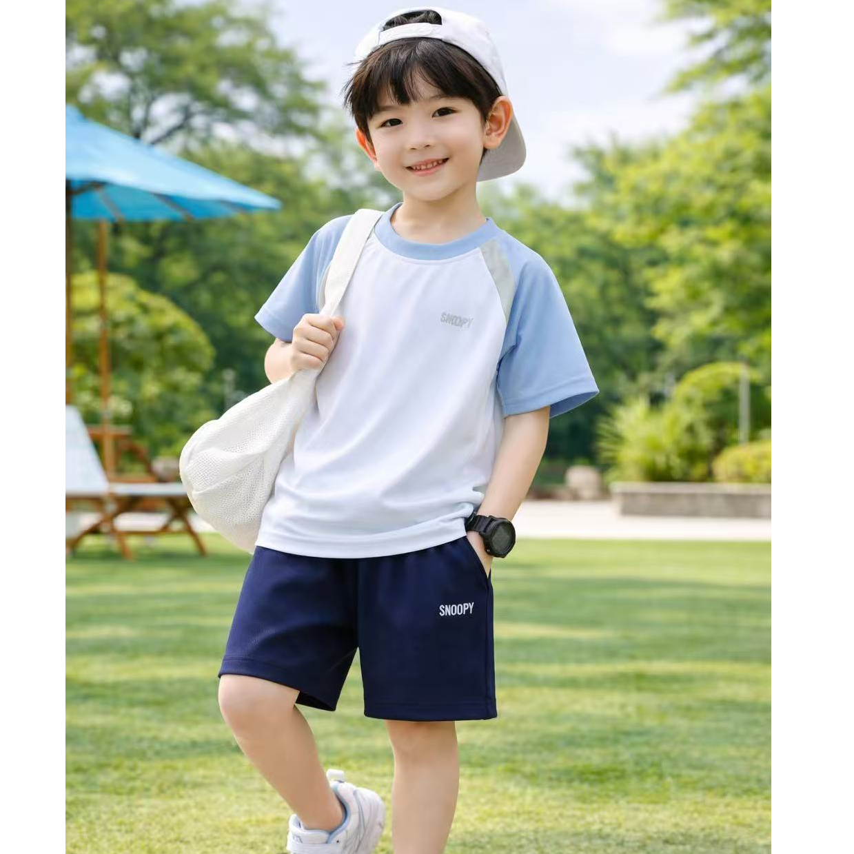 史努比【冰丝小凉皮】男童夏季套装中大童速干网孔透气短袖短裤洋气