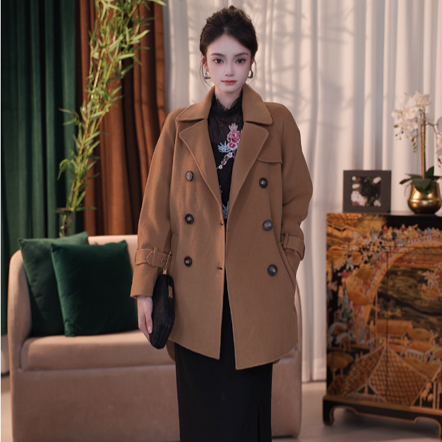 SUSSI/古色冬季25新品驼色反驳列装式双面尼大衣外套修身女