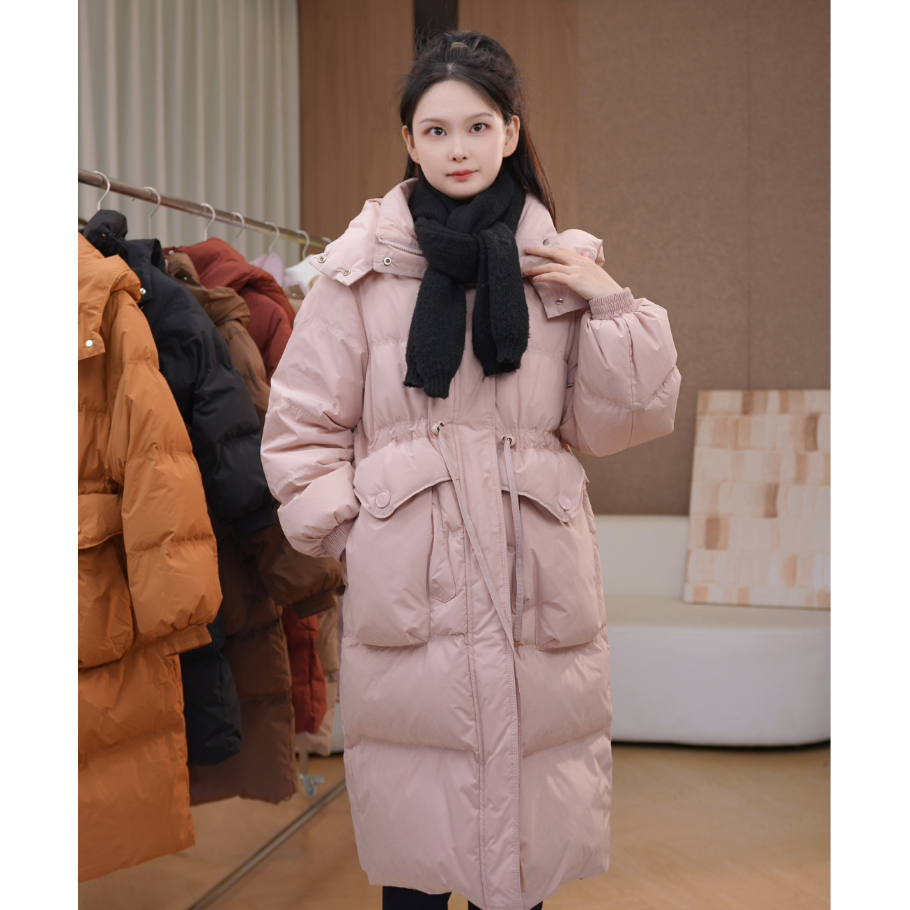 【小颖子专享】中长款羽绒服女手套款连帽休闲冬季外套JQ023