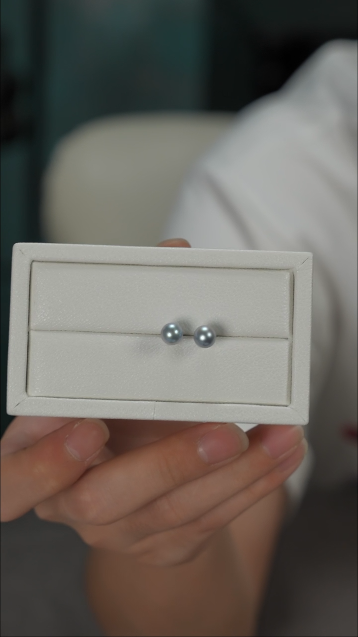 银S925镶嵌耳钉海水珍珠AK真多麻素钉7-7.5mm