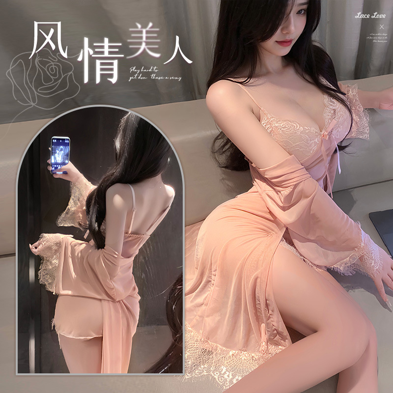 纯欲风蕾丝点缀薄纱家居睡裙套装深V性感睡衣