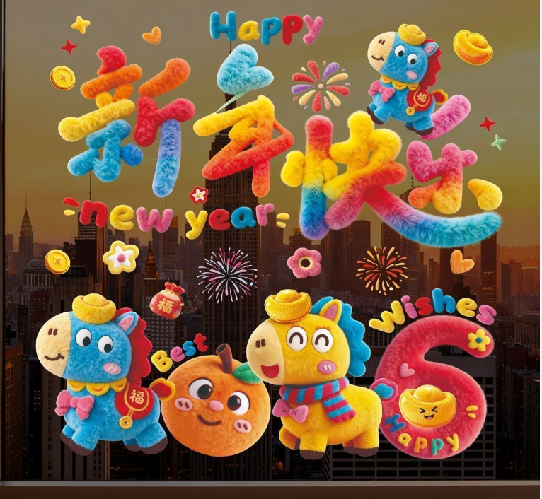 马年新款玻璃静电贴5D窗花用于门玻璃装饰增添节日氛围xs