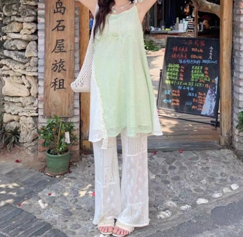 瞌睡兔定制【清苍薄荷糖】拼接镂空百搭直筒阔腿裤夏季DY2867