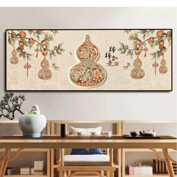 柿柿如意五福临门现代客厅沙发背景墙挂画晶瓷晶钻防水装饰画玄关