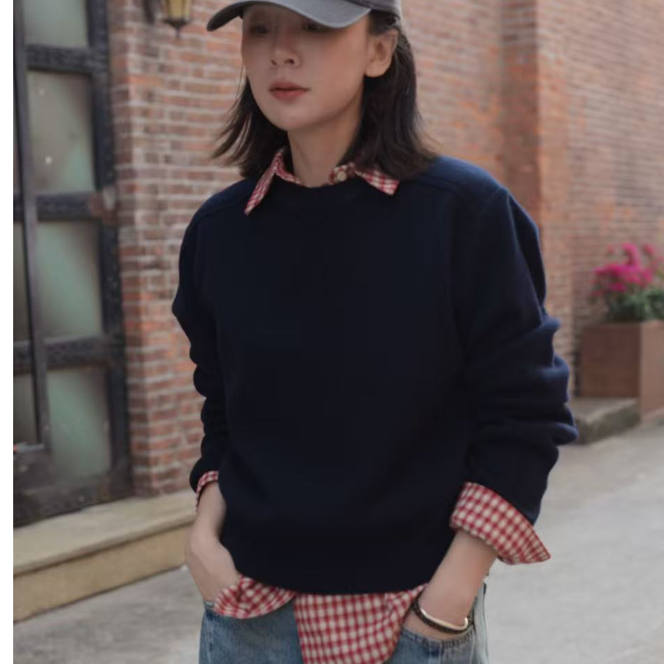 【秀秀新品】春款圆领套头针织毛衣休闲百搭