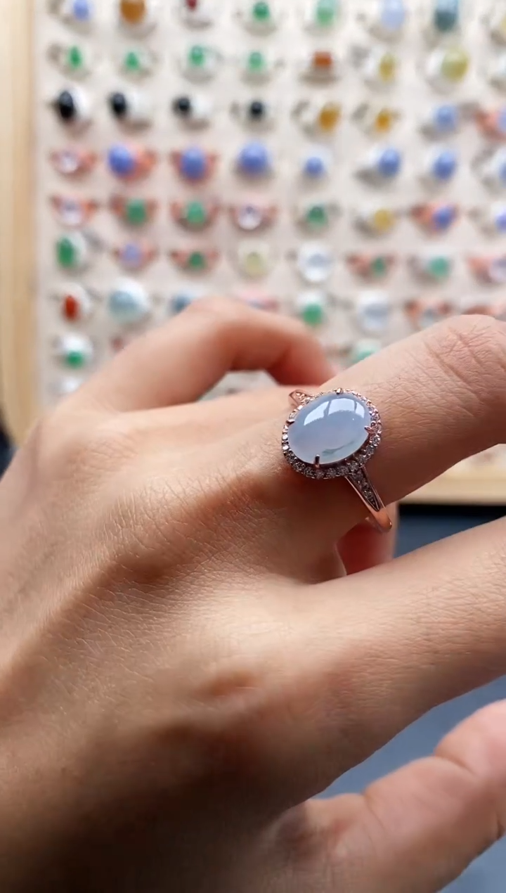 【闪购商品】翡翠戒指银S925镶嵌缅甸天然A货翡翠444 6+9