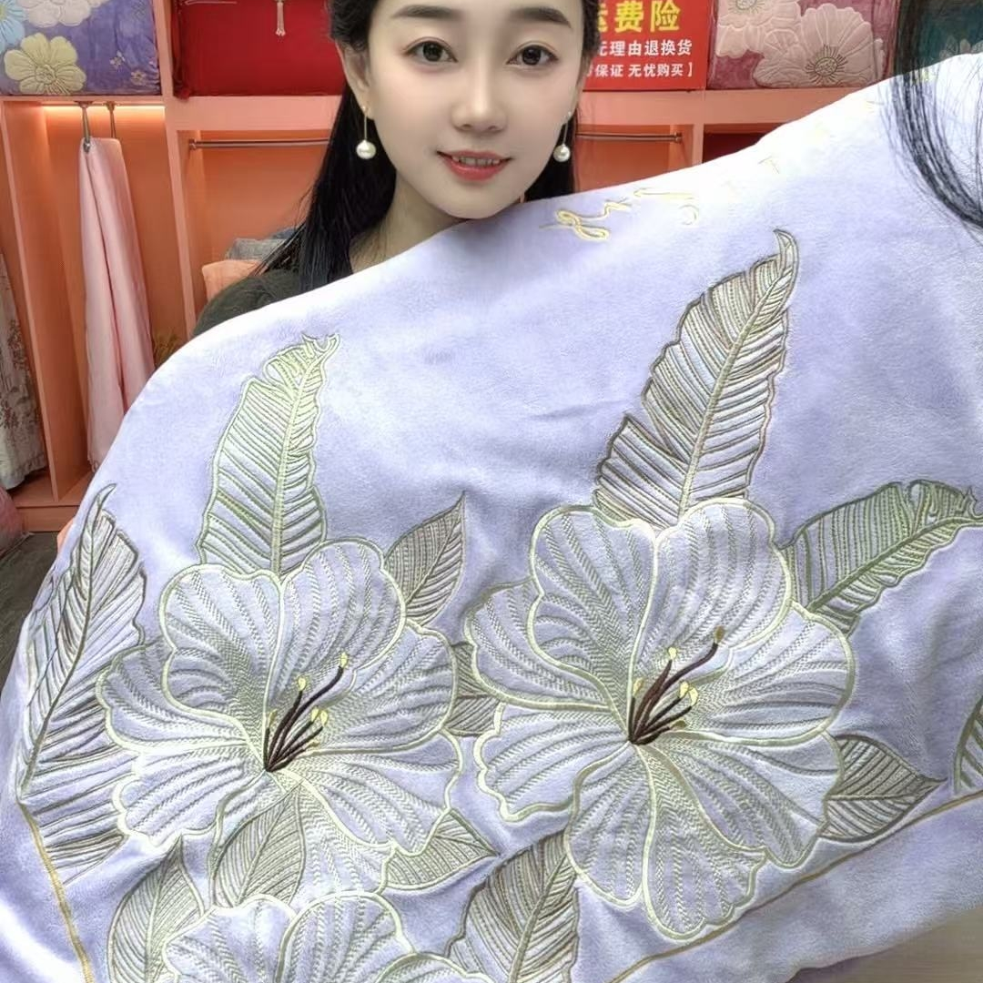 【如花】紫绣花加厚牛奶绒四件套刺绣牛奶绒被套大床单枕套4