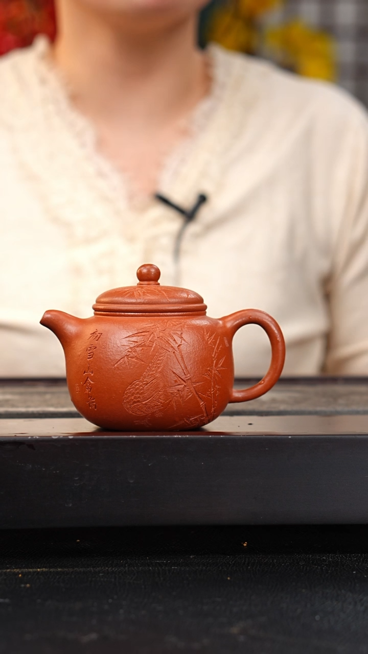 茶壶紫砂黄龙山朱泥匏尊刻绘200cc叶晓敏