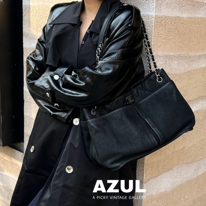 95新 Chanel/香奈儿 Azul-黑银雾面牛皮机场单肩托特包54299