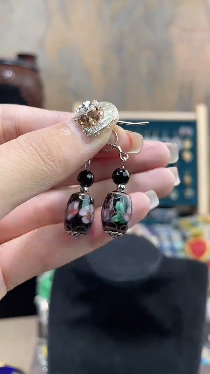 非遗手工景泰蓝耳环鼓珠黑色