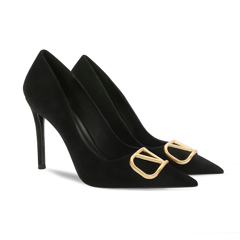 时尚V扣细跟高跟鞋女2025新款尖头浅口百搭高级感黑色职业工作鞋