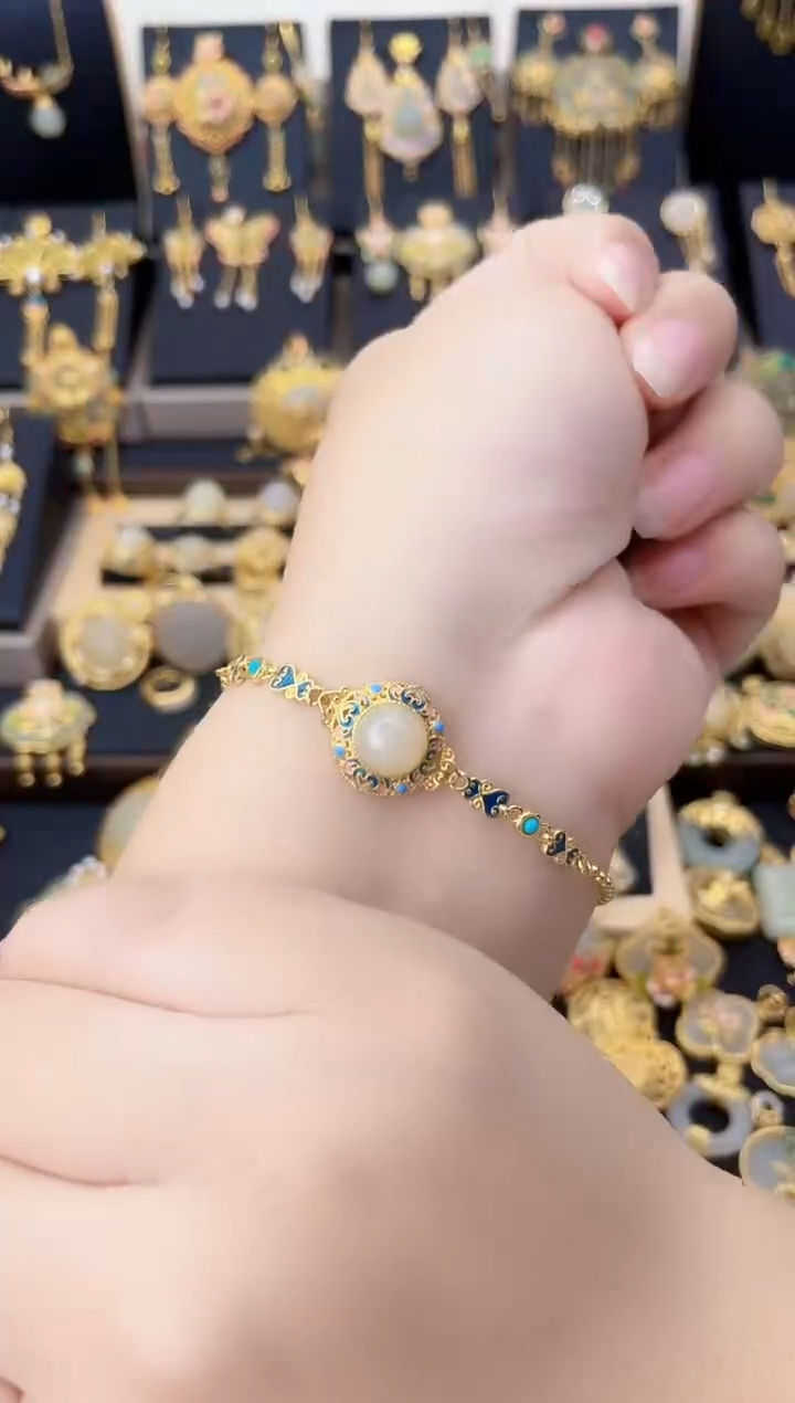 套链银S925镀金镶嵌和田玉珐琅蛋面手链