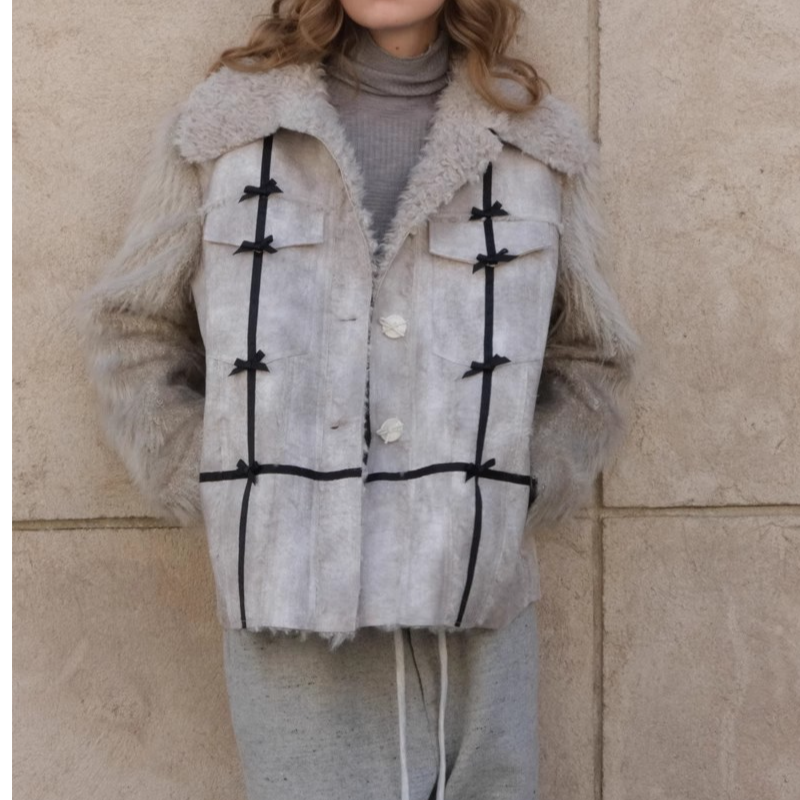 0301制造后花园旧机车感皮毛拼接夹克