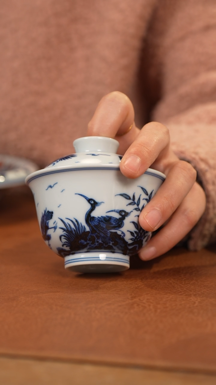 【闪购商品】杯和然珍味白鹭盖碗分两笔