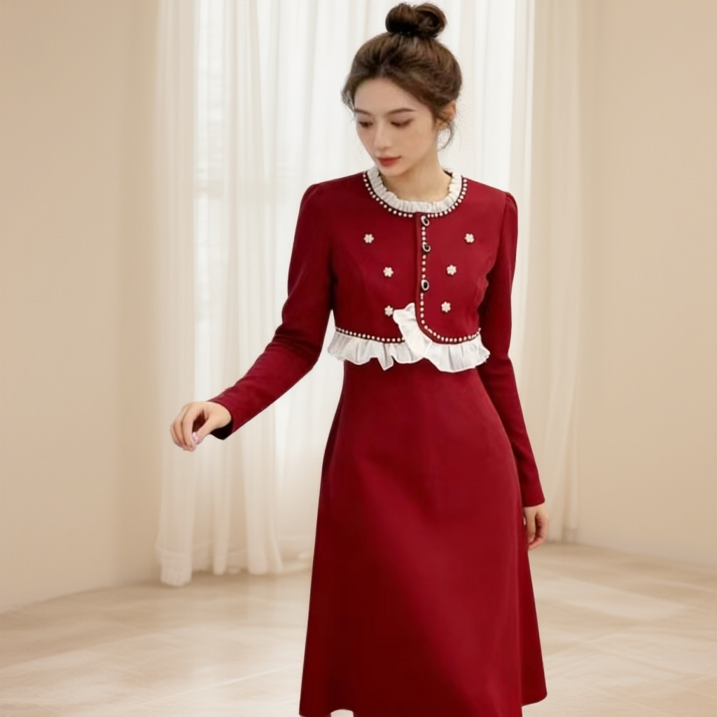 2025冬季新款气质钉珠假两件显瘦连衣裙138*