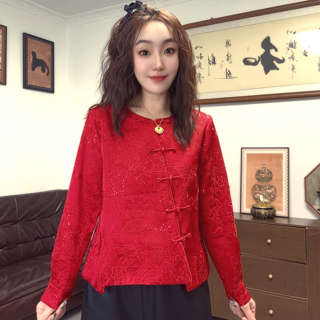 新年款新中式亮片刺绣长袖提花厚款圆领上衣小衫时尚唐装重工
