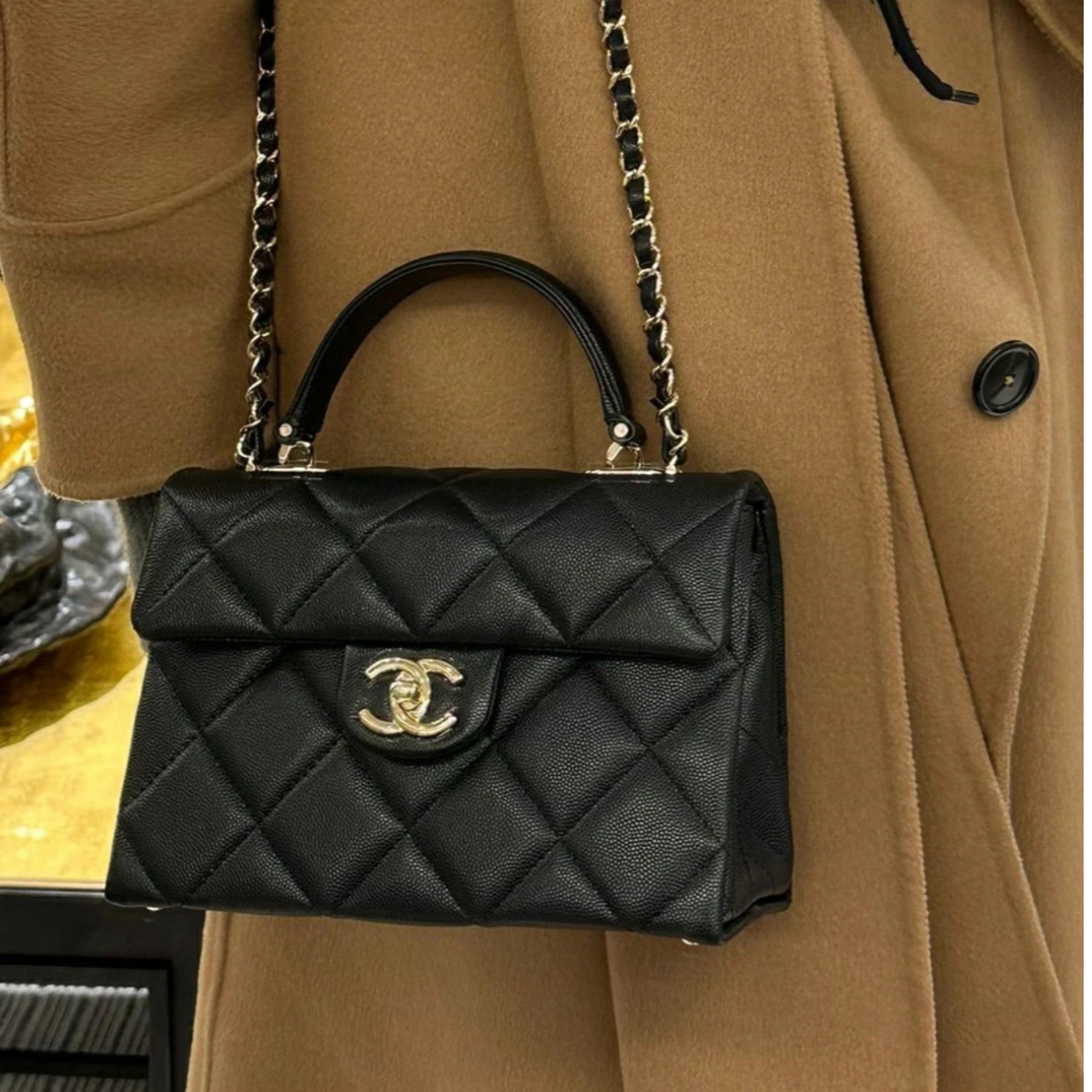99新 Chanel/香奈儿 小花Jerry24P kelly盒子包 黑色 芯片开