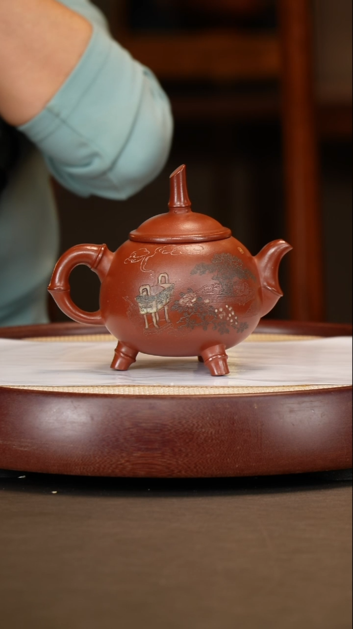 紫砂茶壶【时顺华】胭脂红平安福禄  400CC