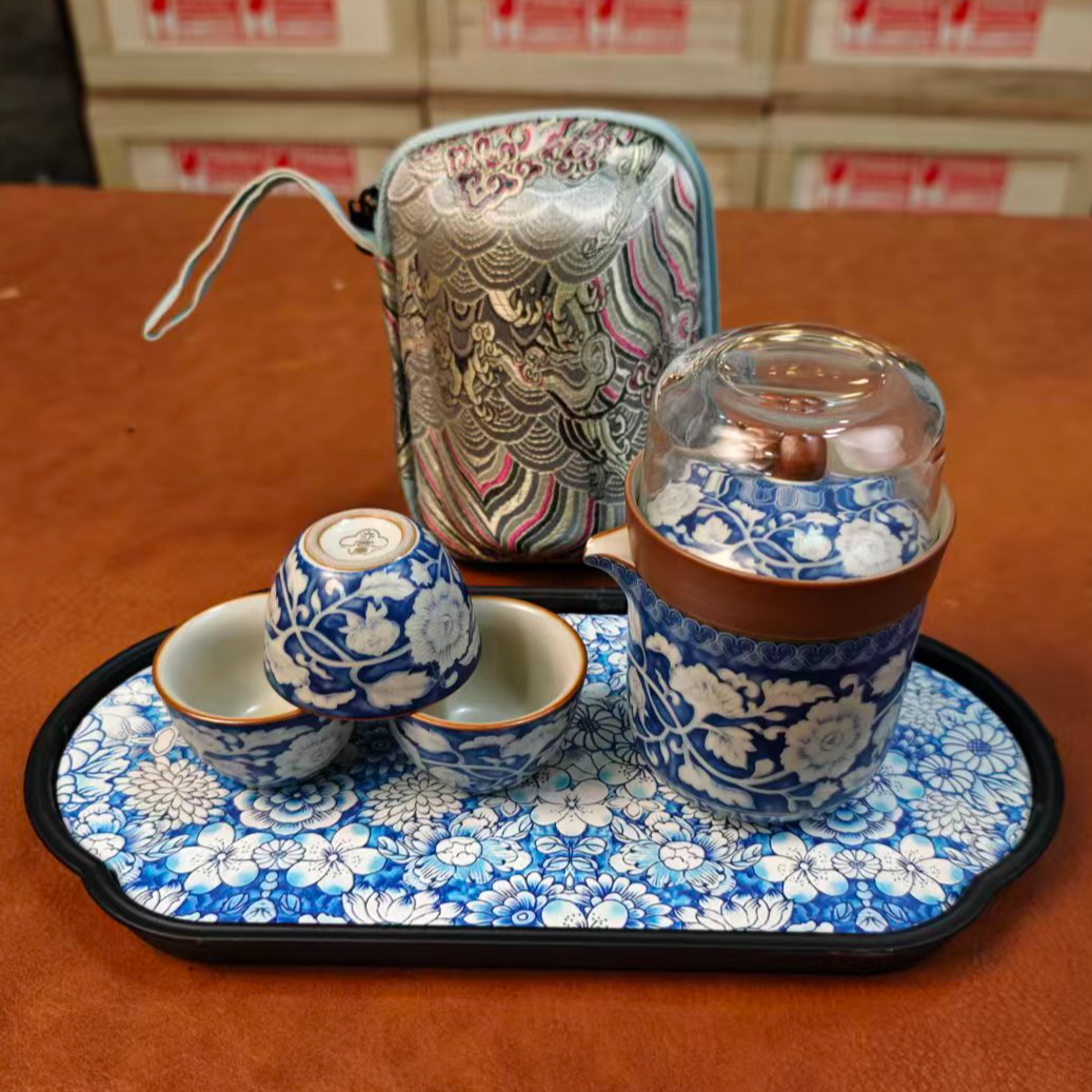 汝窑青花百花旅行茶具一壶四杯带茶盘mc162