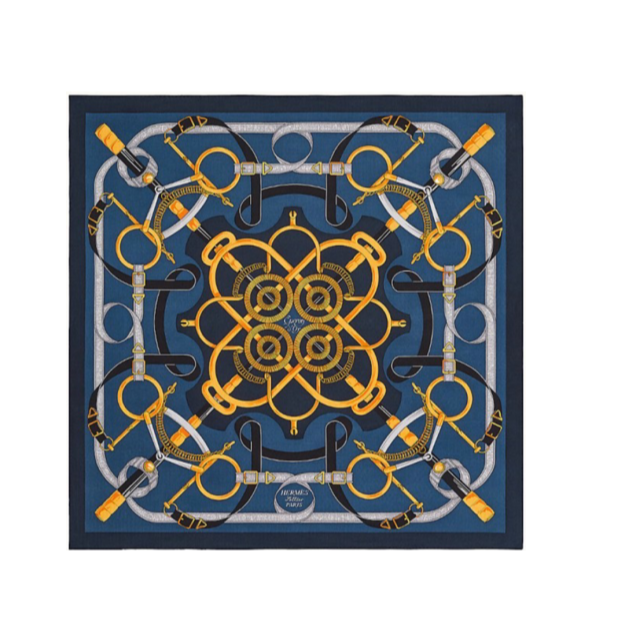 全新未使用 Hermes/爱马仕 小花柳 “金制马刺” 140大披肩 蓝色