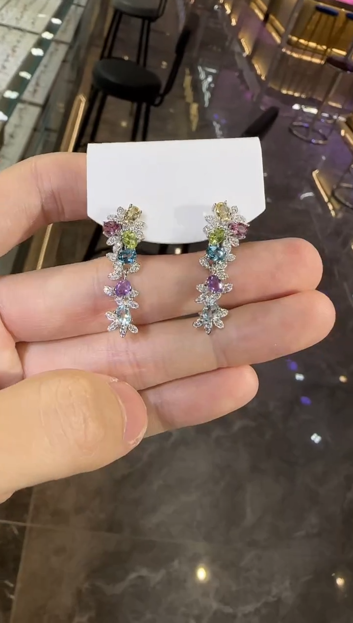 银S925镶嵌耳饰紫晶多彩宝石耳坠