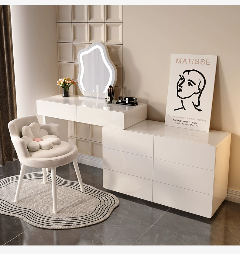 奶油风钢琴烤漆梳妆台收纳一体现代简约化妆桌ins风伸缩轻奢极简