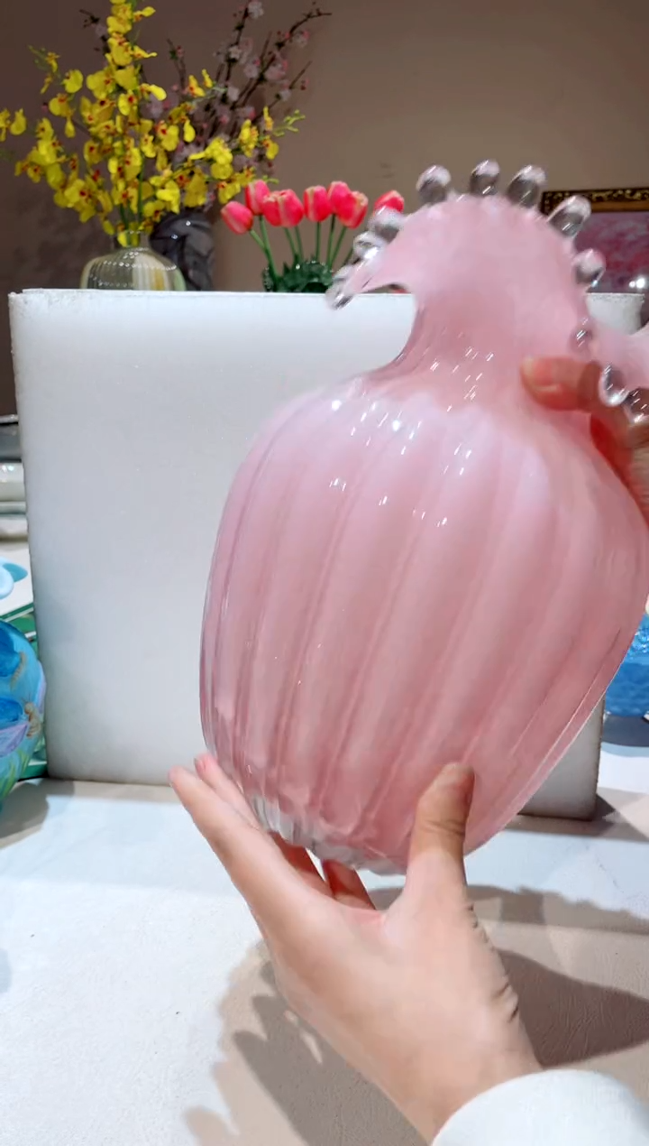 【闪购商品】琉璃手工艺品大号粉色水滴花瓶 微瑕