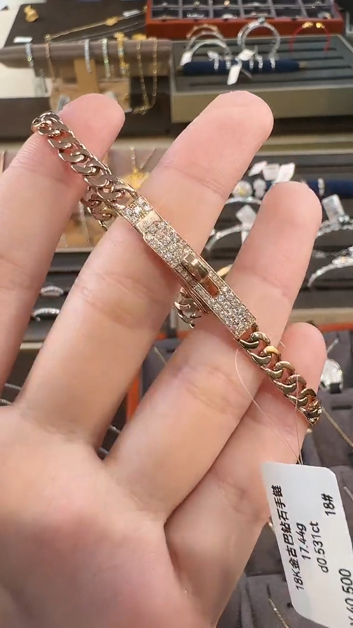 【闪购商品】钻石手链18K金镶嵌宽版古巴手链  18#